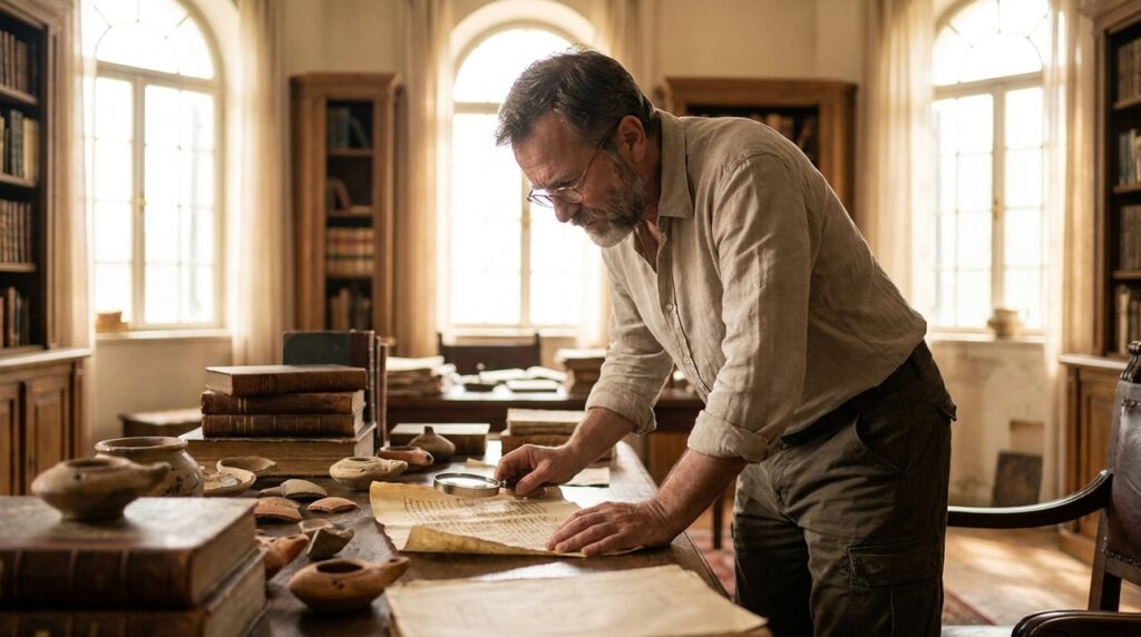 Middle-aged Israeli scholar reading ancient texts in sunlit library.