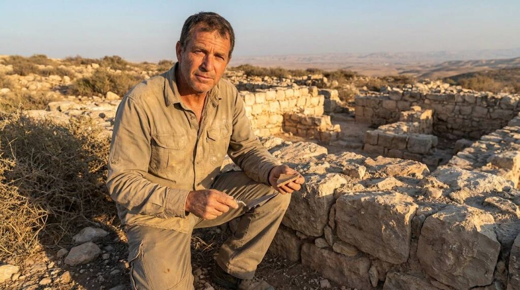 Archaeologist examining ancient ruins in Maon, Israel at sunset.