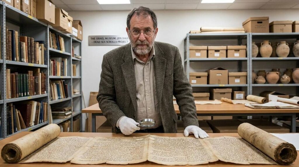 Israeli historian in his 50s examines ancient scrolls in museum archive.