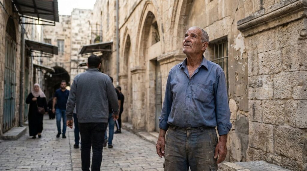 Elderly Israeli man observing ancient stone architecture in Hebron.