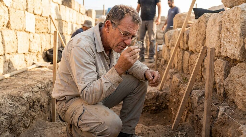 Israeli archaeologist examines pottery shards at Joppa archaeological site.