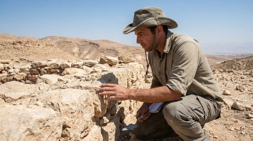 Israeli archaeologist examines ancient ruins in Maon's rugged terrain.