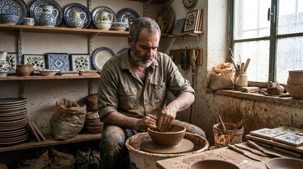 Middle-aged Israeli artisan crafting ceramics in a sunlit workshop.