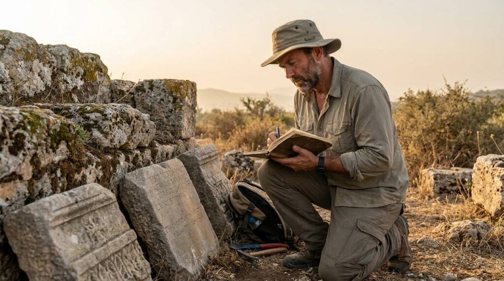 Male archaeologist examines inscriptions on stone ruins in Iturea.