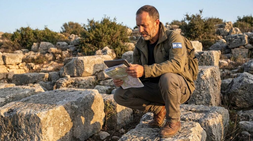 Israeli historian examines ancient Bethel ruins with map and tablet.