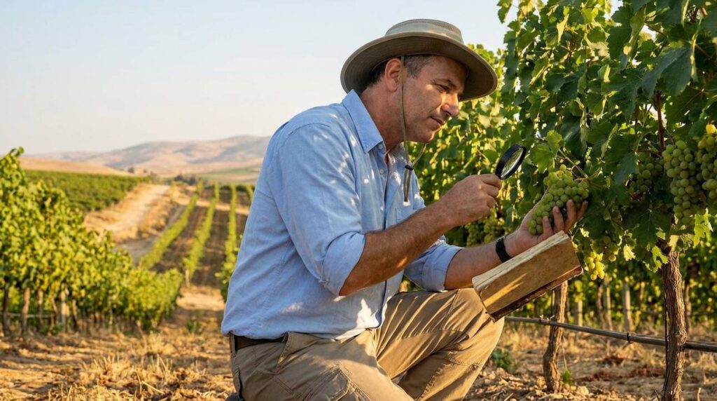 Israeli historian examines grapevines with notebook in vineyard at dusk.