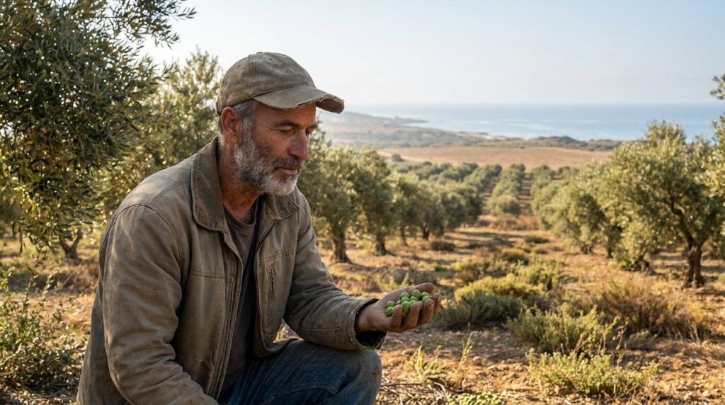 Israeli farmer in his 50s inspecting olives near the Mediterranean.