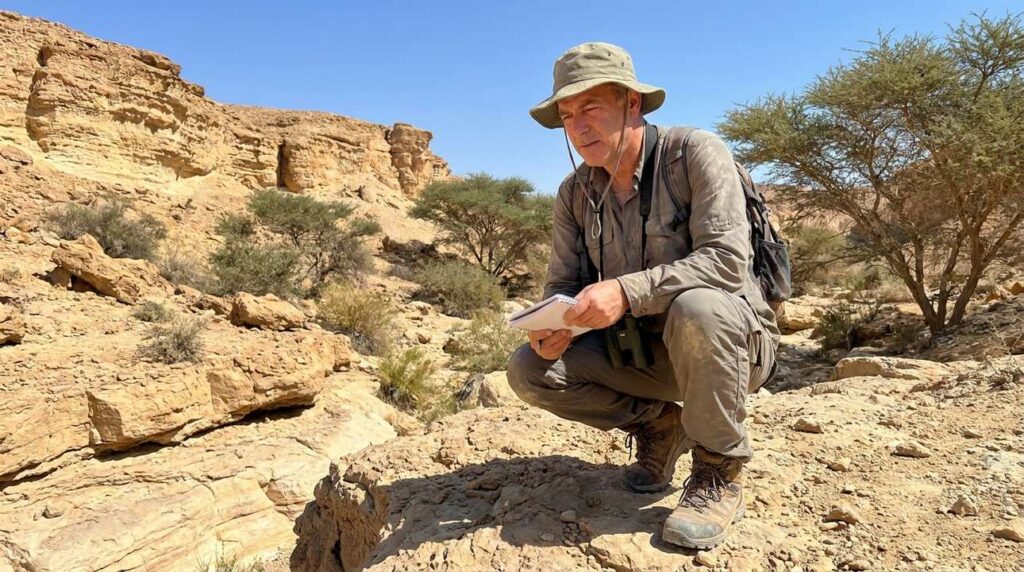 Israeli male researcher exploring Paran's arid landscape in outdoor gear.