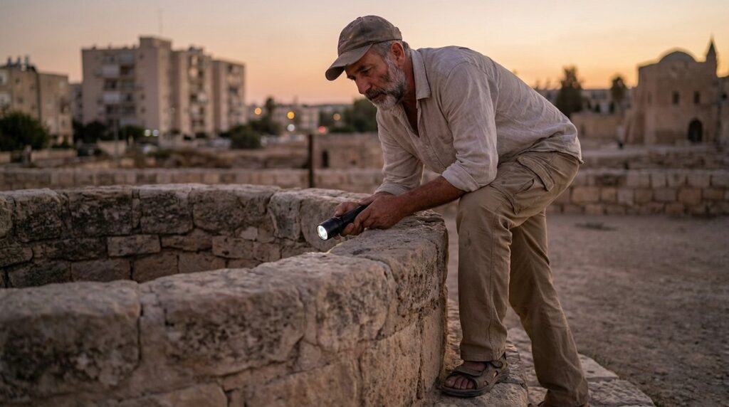 Middle-aged Israeli man inspects ancient well in Beersheba at dusk.