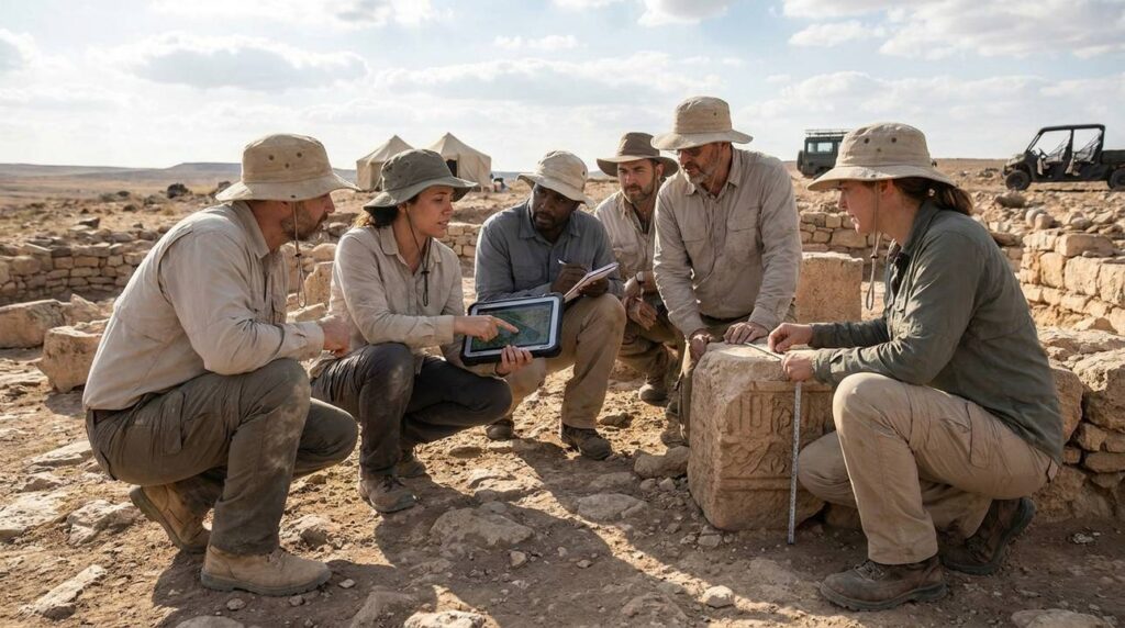 Archeologists and historians examining ruins in Ephrathah, Israel, with digital tablets.
