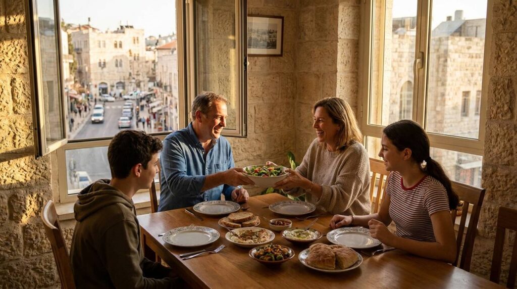 Israeli family sharing a meal at home in natural light.