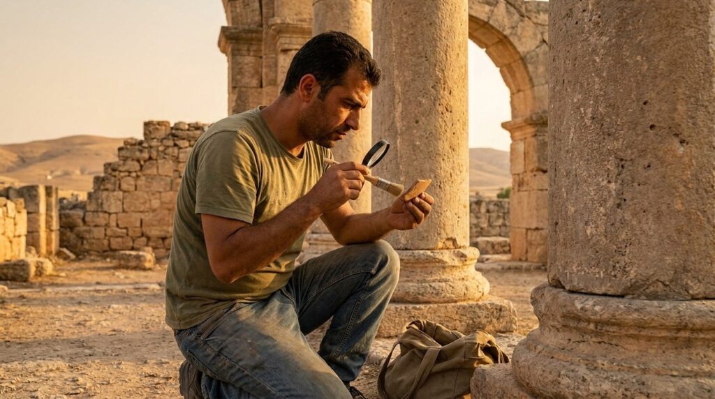 Syrian archeologist examines ancient artifacts near Damascus at dusk.