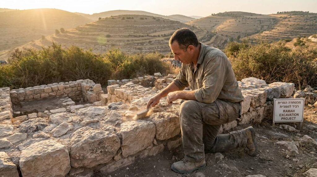 Israeli archaeologist examines ancient ruins in hilly Jerusalem landscape.