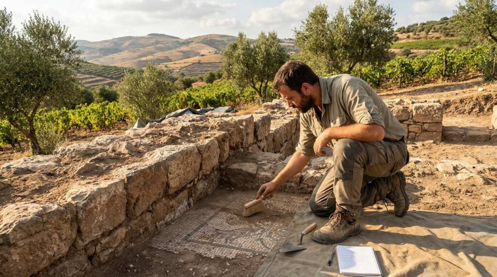 Archaeologist examines ancient ruins in Samaria with tools, surrounded by greenery.