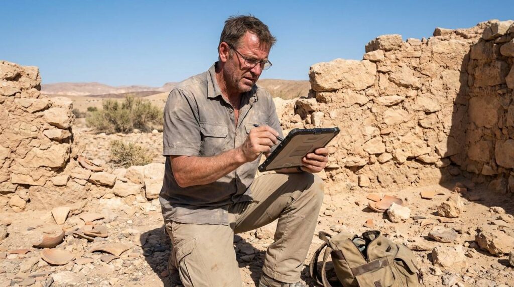 Israeli historian examines ancient ruins in Negev desert, taking notes.