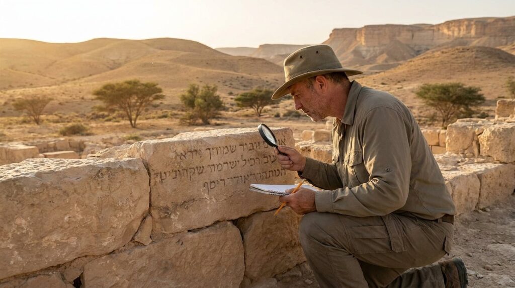 Archaeologist examining ancient inscriptions on stone ruins in Israel desert.