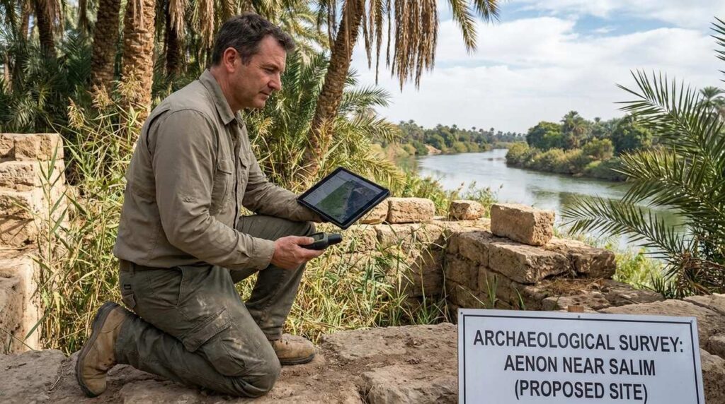 Archaeologist with map and GPS examines ruins near Jordan River.