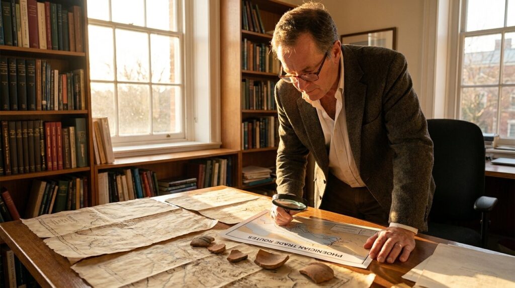 Scholarly man examines Phoenician maps in office filled with books.
