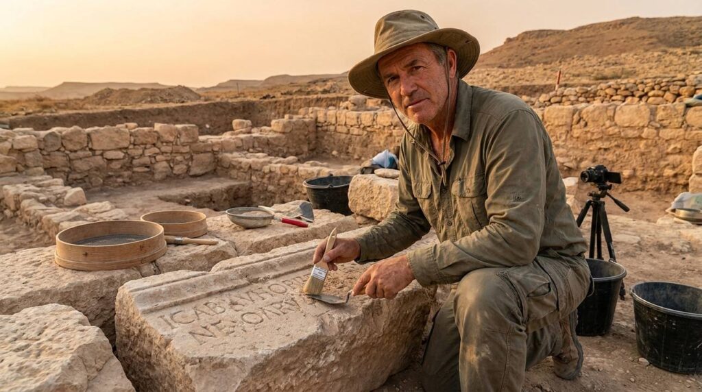 Middle Eastern archaeologist examines inscriptions at Israeli dig site.
