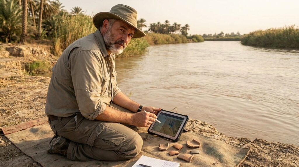 Middle Eastern archaeologist examines artifacts by Tigris River using tablet.