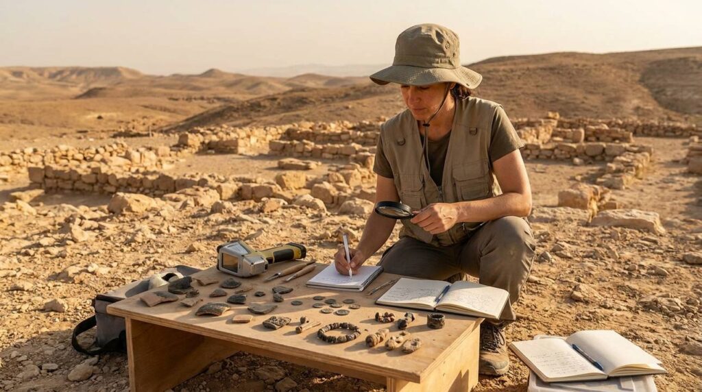 Israeli archaeologist examines ancient artifacts at a desert site in Israel.