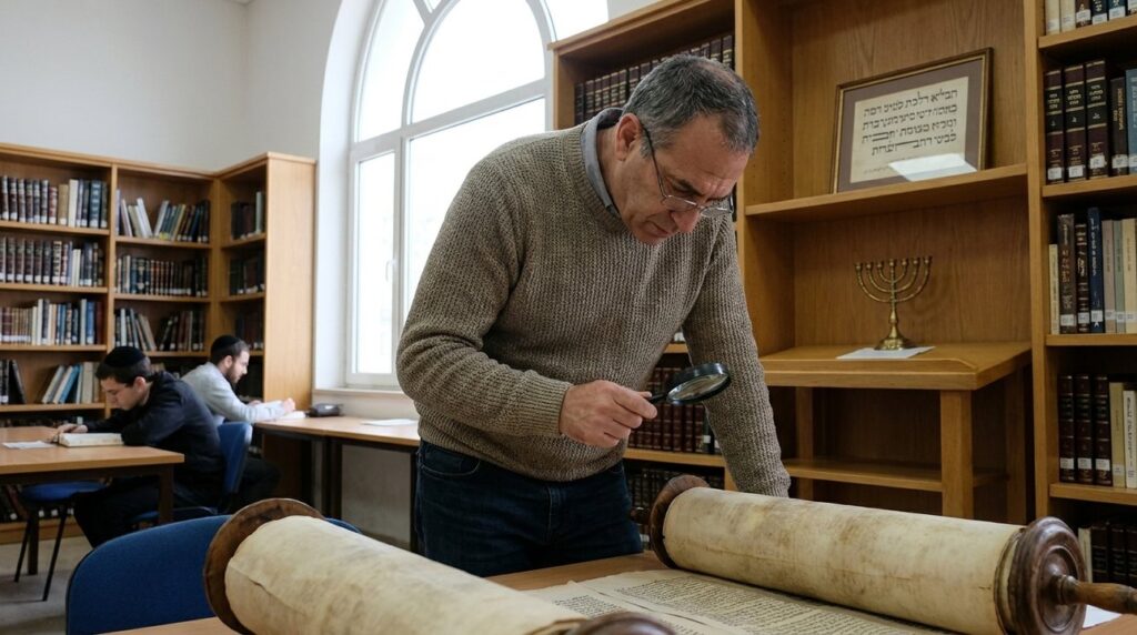 Middle-aged Israeli man studying ancient texts in a library.