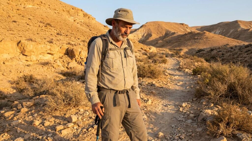 Middle-aged Israeli man hiking in Negev Desert at sunset.