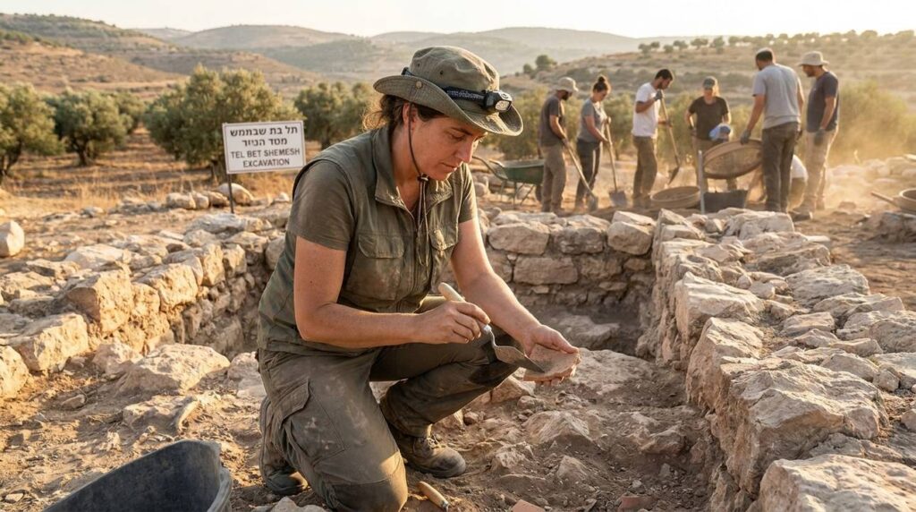 Israeli archaeologist examines ancient ruins in a valley at sunset.