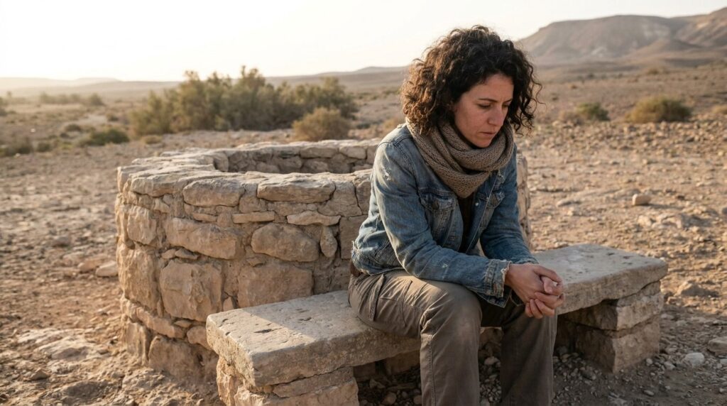 Israeli woman in casual clothes reflecting beside ancient Negev well.