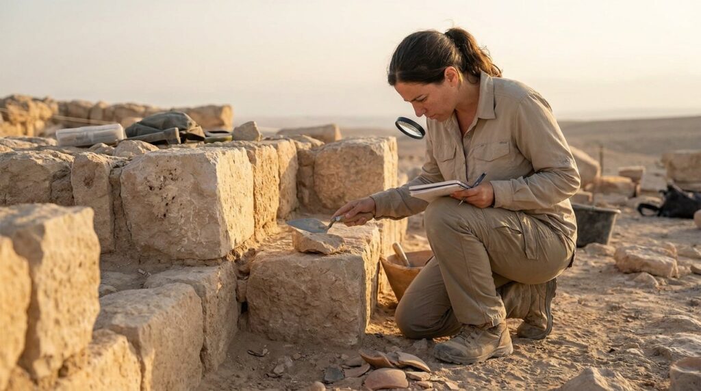 Israeli archeologist examines ancient ruins in arid landscape.