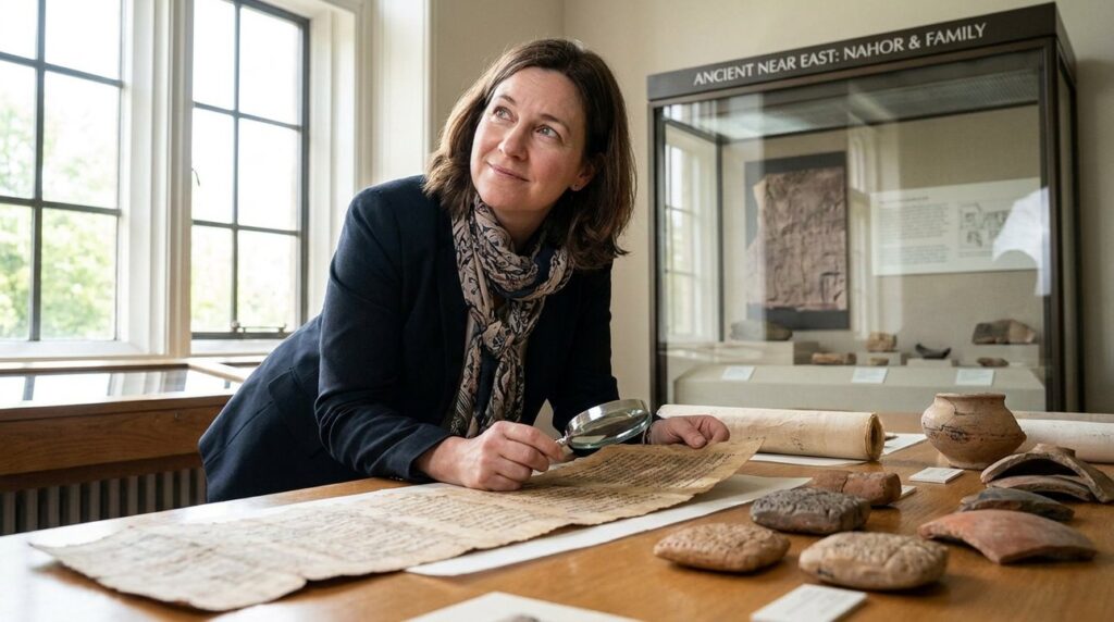 Israeli historian examines Nahor manuscripts and artifacts in museum.