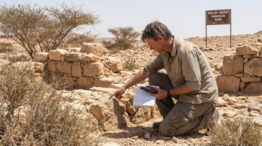 Archeologist with GPS and notebook examining ruins in Zin desert.