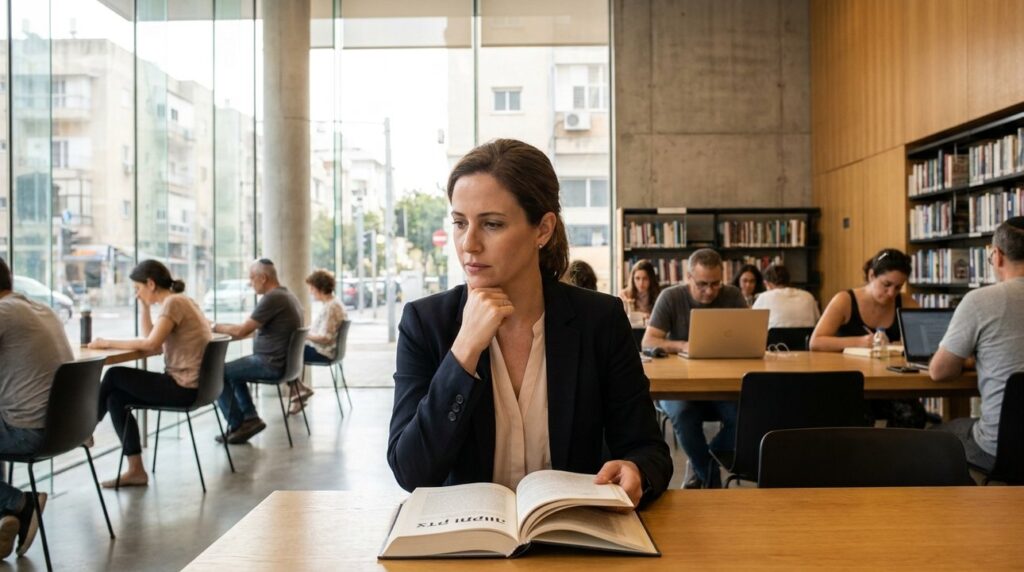 Israeli woman in business attire reading book in Tel Aviv library.