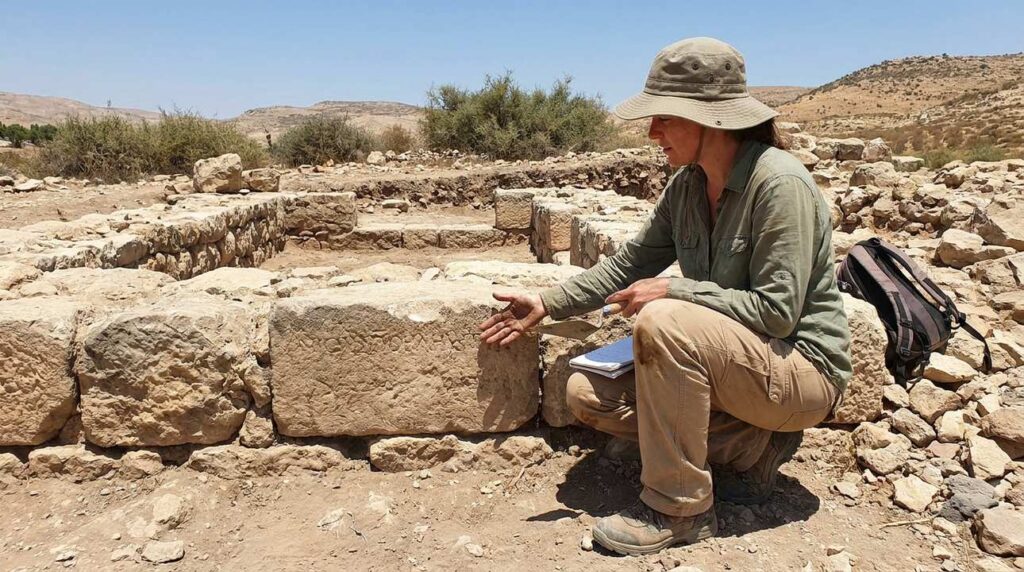 Archaeologist examining ancient ruins in Gilead's rocky, sparse landscape.