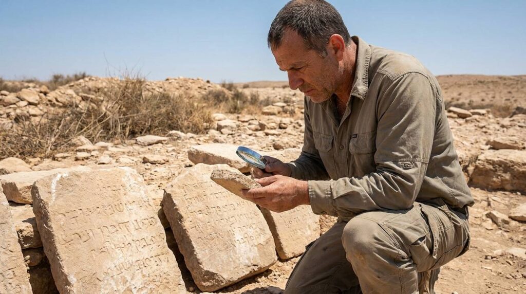 Israeli archeologist examining ancient scripts on stone tablets in desert.