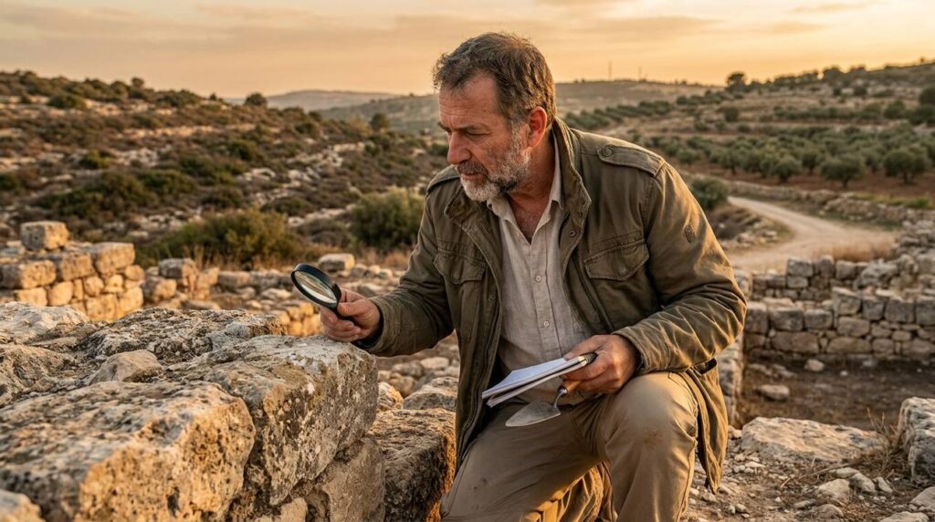 Israeli historian in field jacket examines ancient Bethel stone ruins.