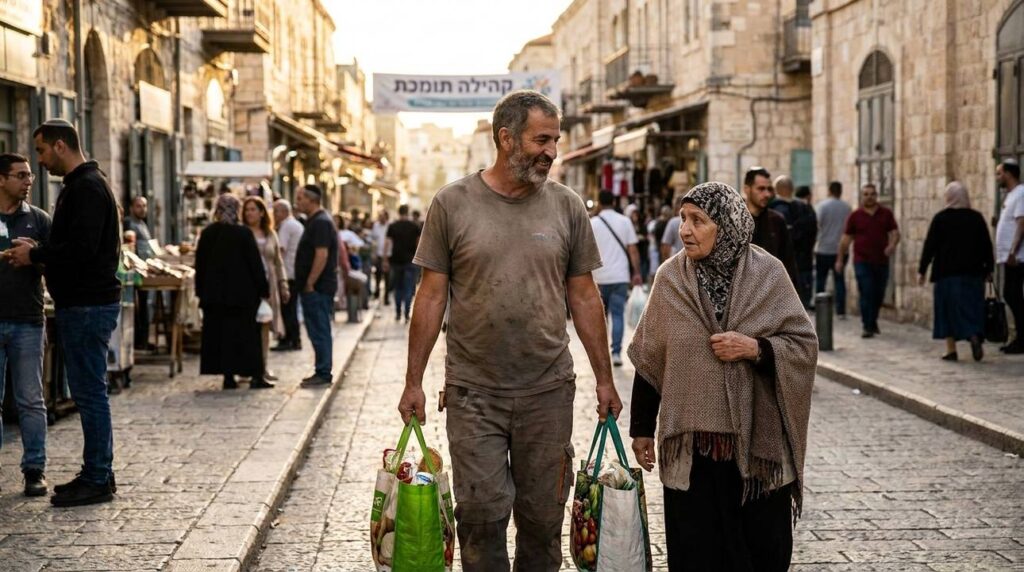 Middle-aged man helping elderly woman with groceries on busy street.