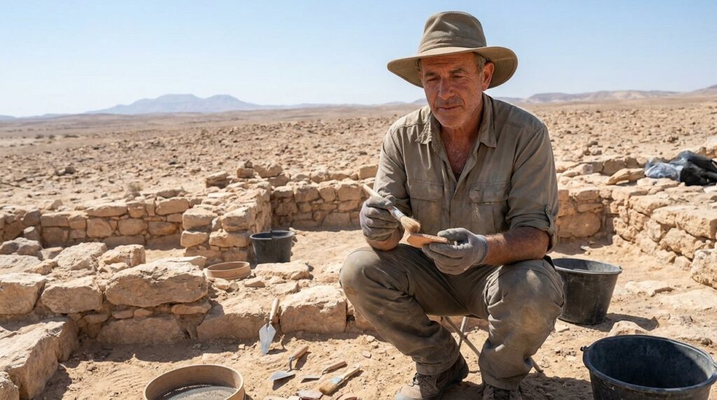 Archaeologist examining artifacts at Negev Desert site.