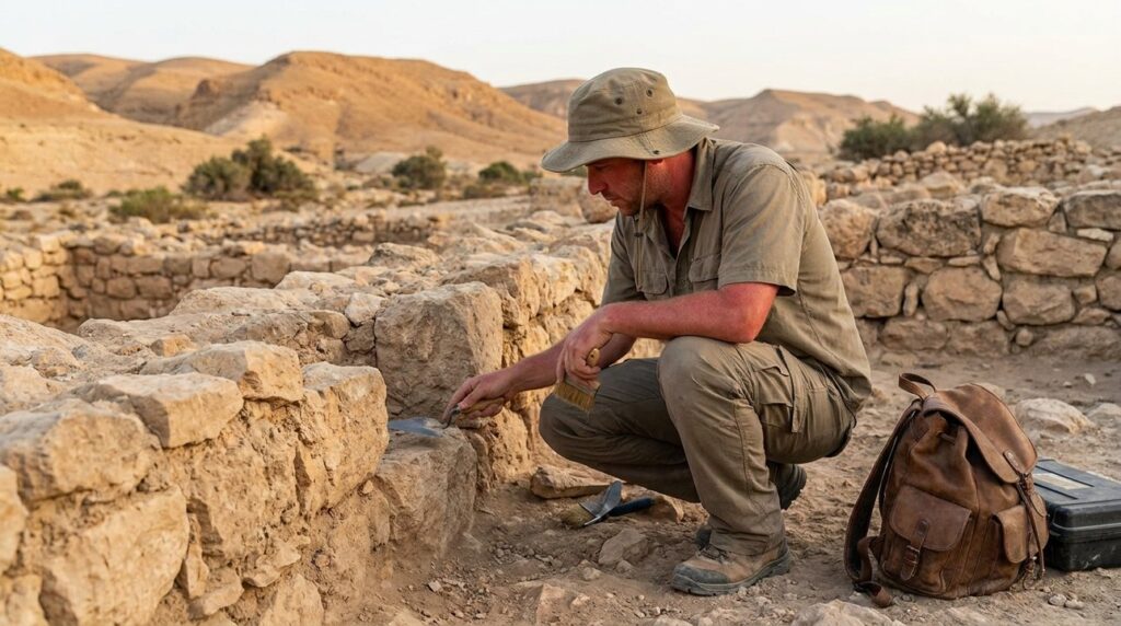 Israeli archaeologist examines ancient ruins near Jericho in soft afternoon light.
