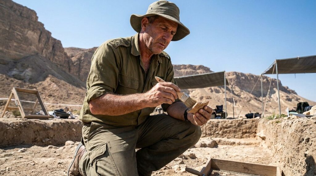Israeli archaeologist examines artifacts at Negev escarpment dig site.