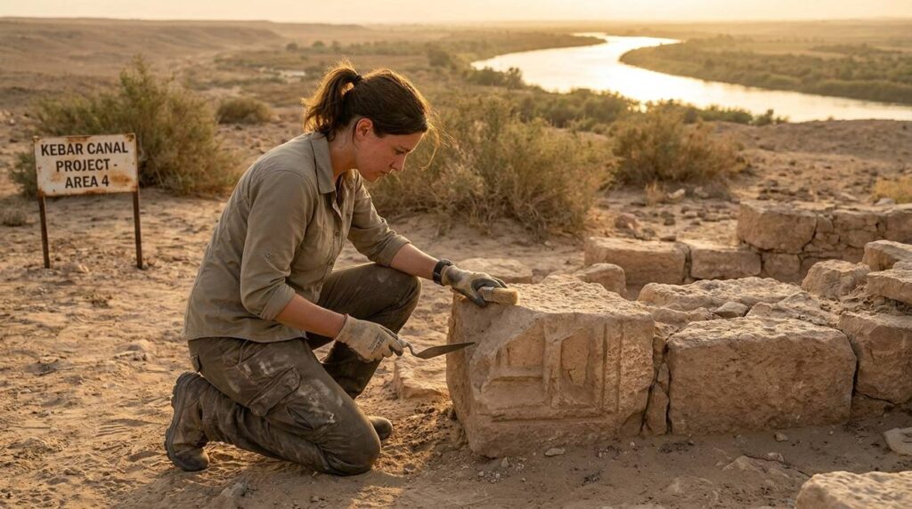 Archaeologist examines stone ruins near Euphrates River in desert landscape.