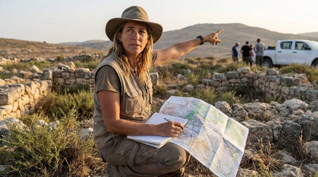 Israeli archaeologist examining ancient ruins in Israel with a map.