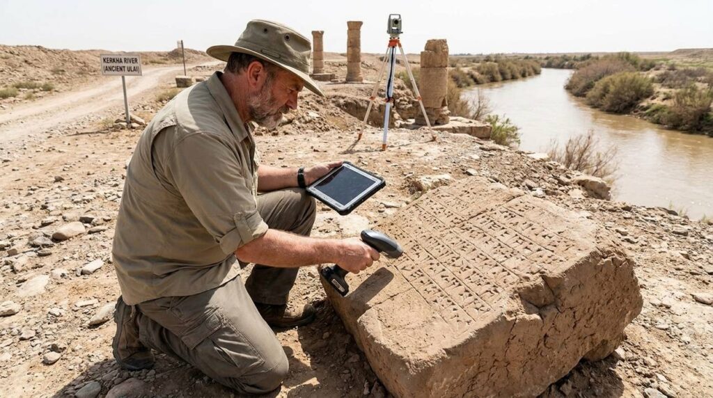 Archaeologist examining inscriptions by river, ancient structures in background.
