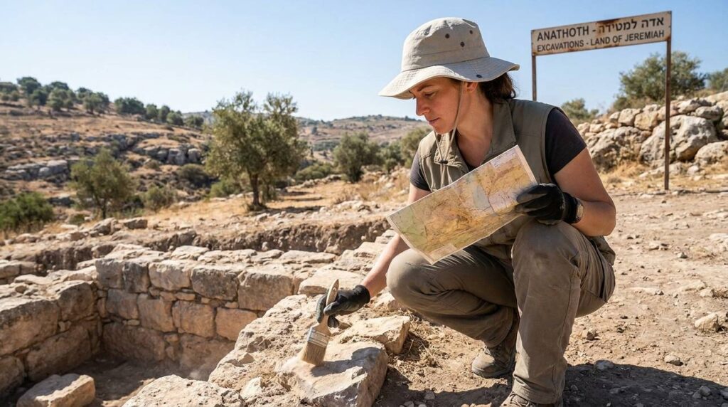 Israeli archeologist examines ancient ruins in Anatot with map and brush.