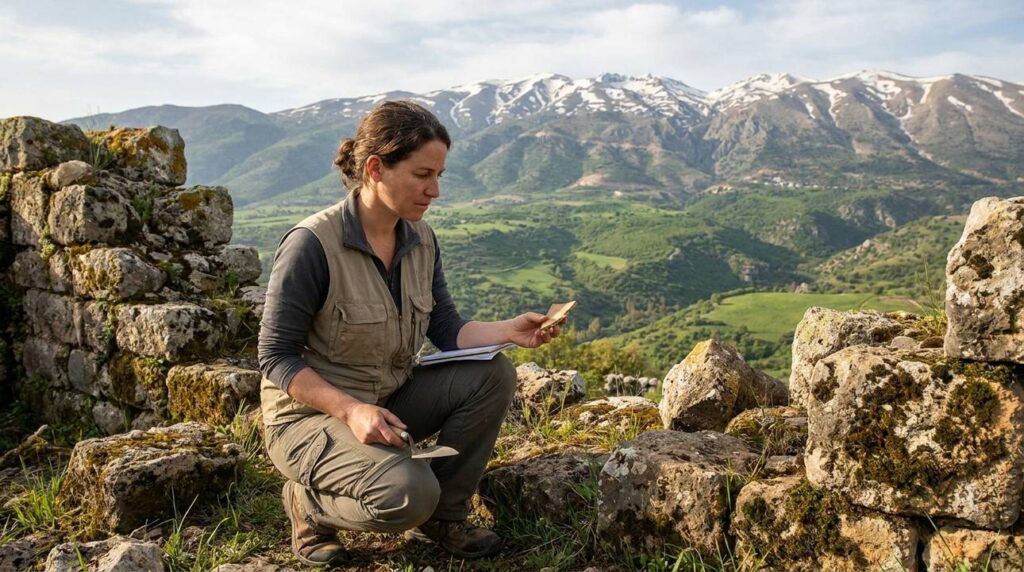 Israeli archaeologist examines ancient ruins near Mount Hermon.
