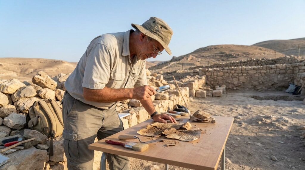 Middle-aged Israeli archaeologist examines ancient texts near Jerusalem ruins.