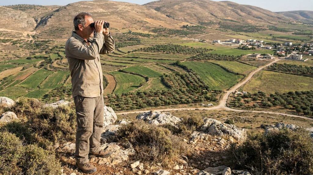 Archaeologist examining Gilead's hills and valleys in natural daylight.