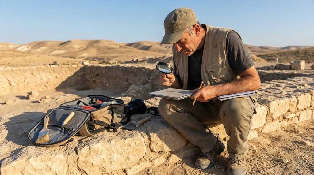 Middle-aged Israeli archaeologist examining inscriptions at Beersheba desert site.