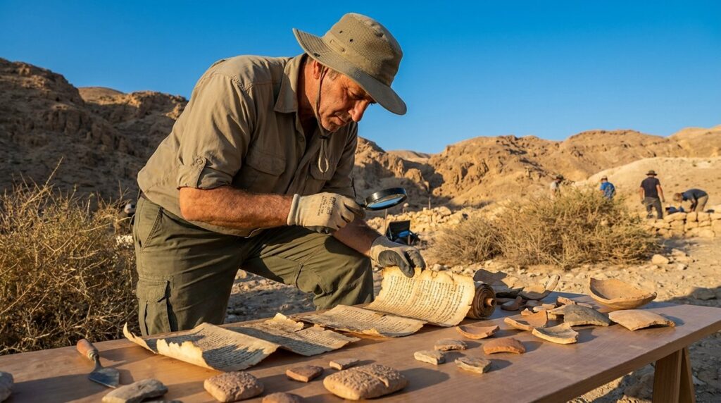 Israeli archeologist examining ancient scrolls at a desert dig site.