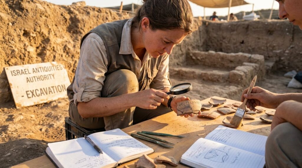 Archaeologist examining ancient pottery and tools at Israeli site.